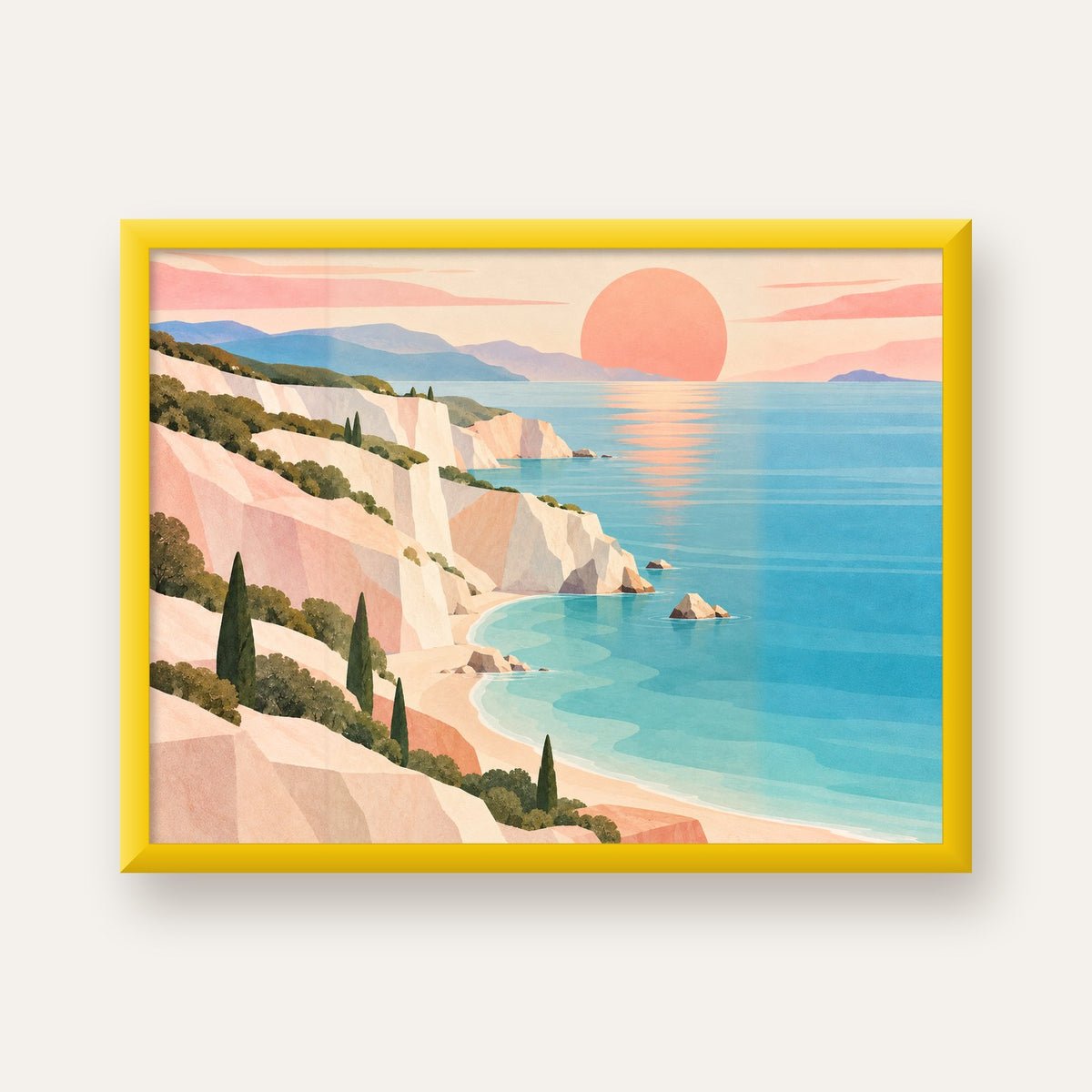 Soft Pastel Kayalık Sahil — sarı çerçeveli