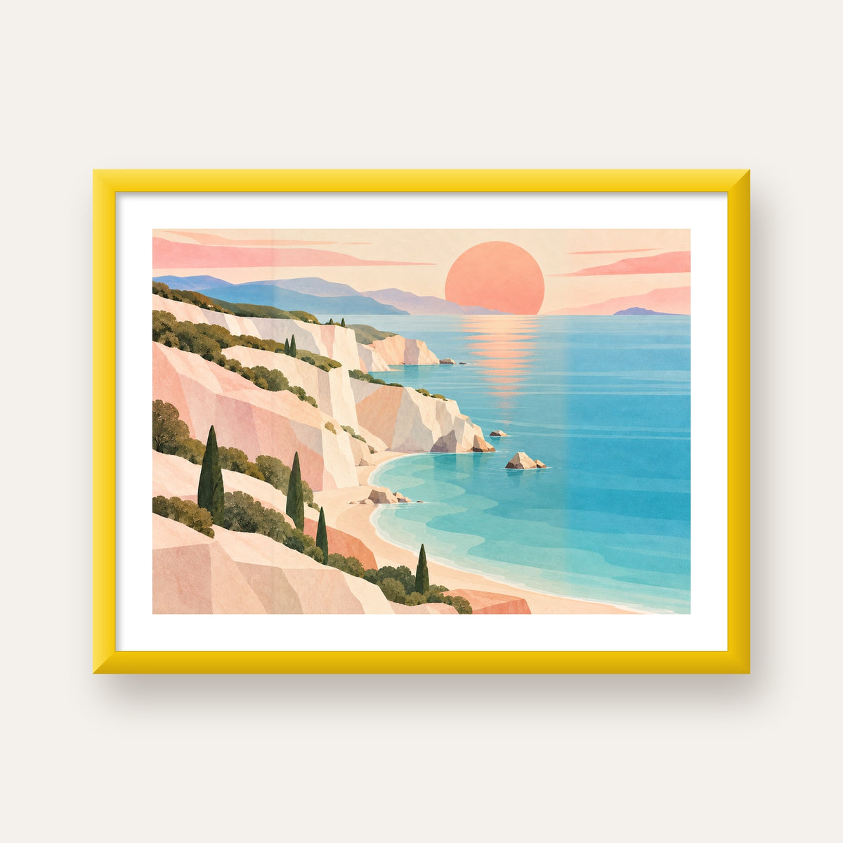 Soft Pastel Kayalık Sahil — sarı çerçeveli paspartulu
