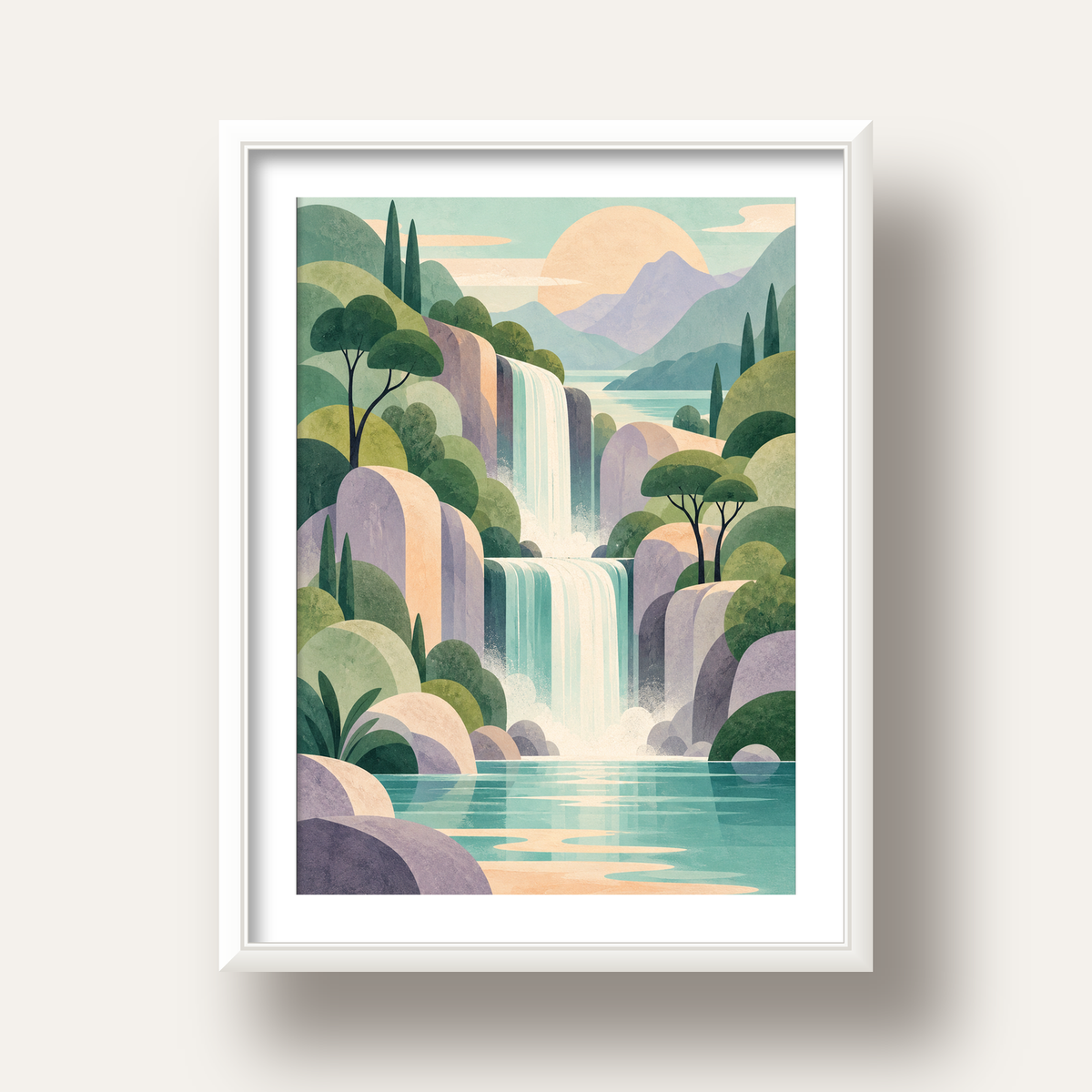 Soft Pastel Şelale — beyaz derin çerçeveli paspartulu