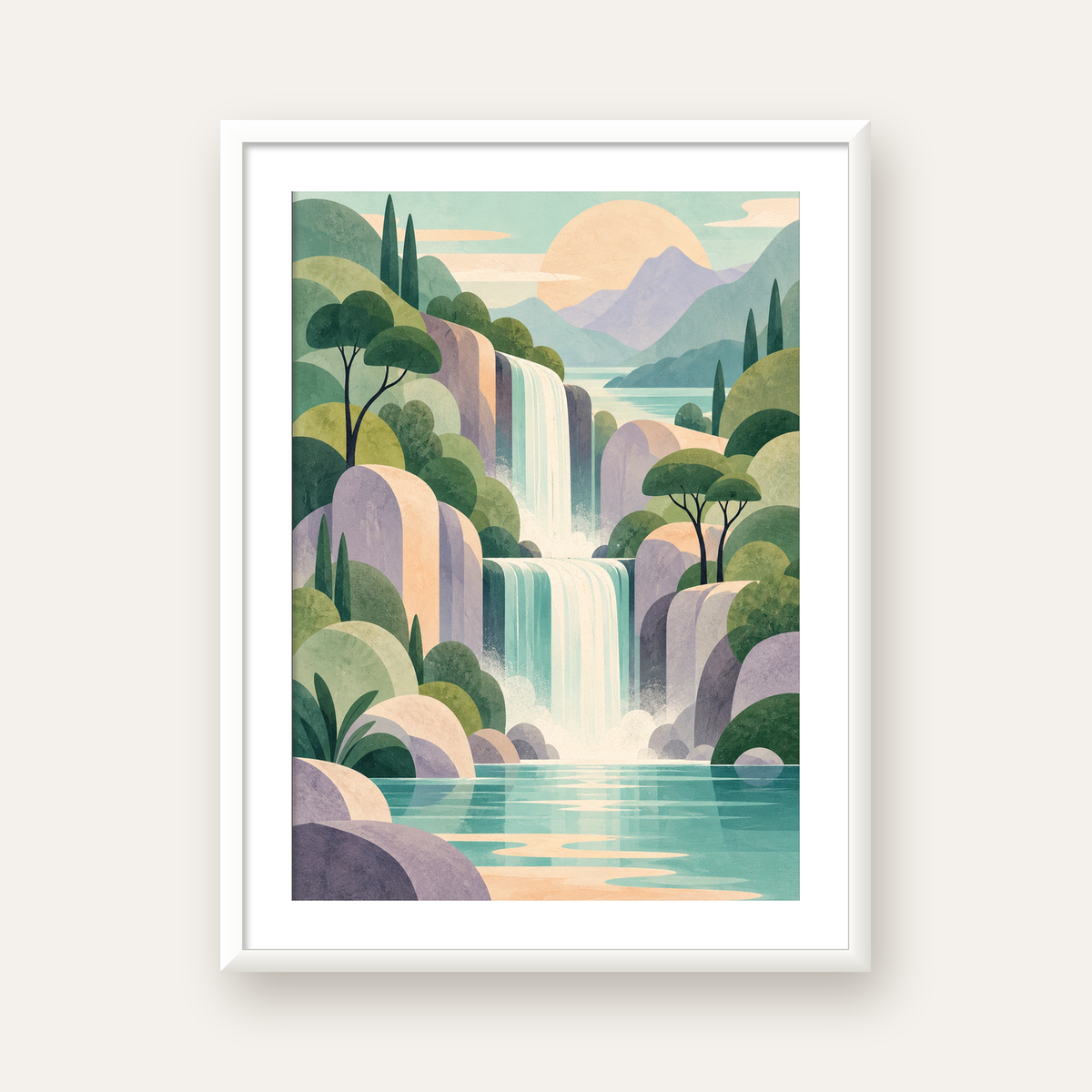 Soft Pastel Şelale — beyaz çerçeveli dikey poster