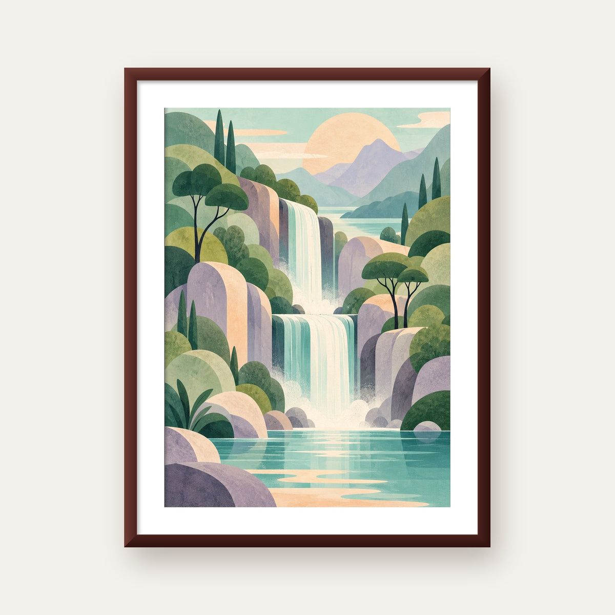 Soft Pastel Şelale — ceviz çerçeveli paspartulu