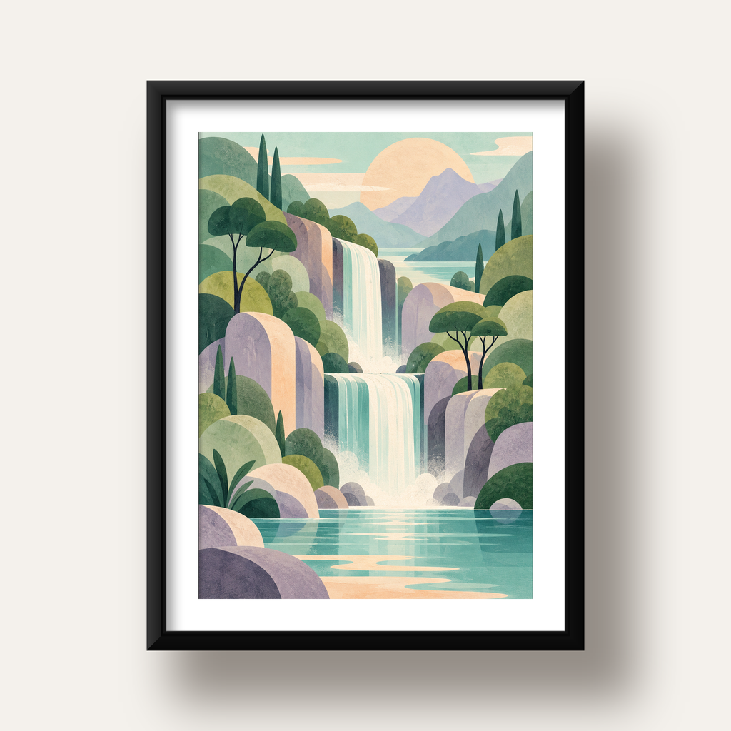 Soft Pastel Şelale — siyah derin çerçeveli paspartulu
