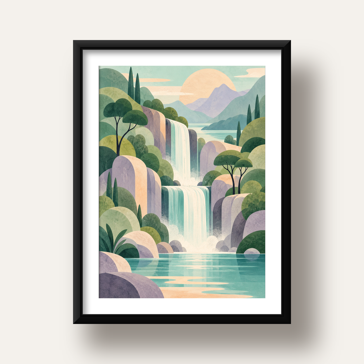 Soft Pastel Şelale — siyah derin çerçeveli paspartulu