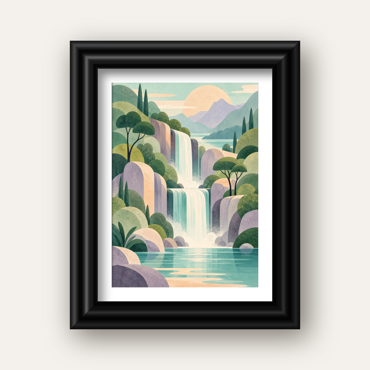 Soft Pastel Şelale — siyah galeri çerçeveli paspartulu
