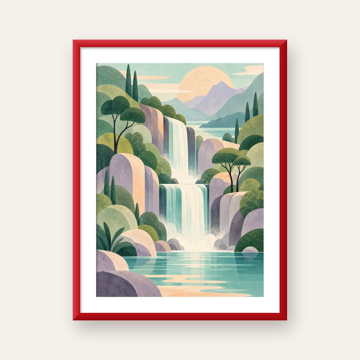 Soft Pastel Şelale — kırmızı çerçeveli paspartulu