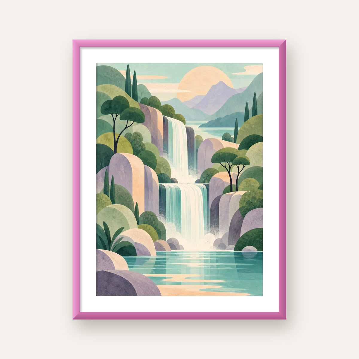 Soft Pastel Şelale — pembe çerçeveli paspartulu