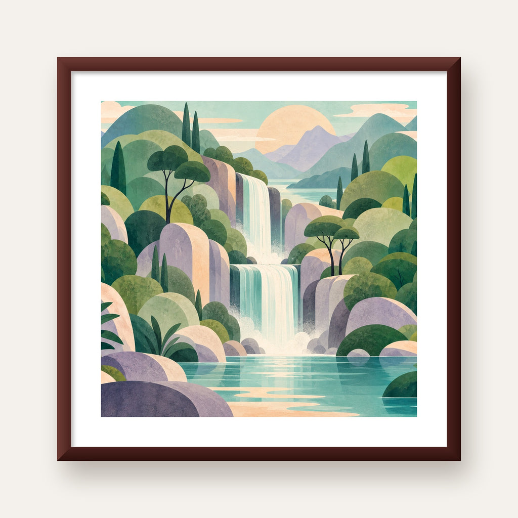 Soft Pastel Şelale — ceviz çerçeveli paspartulu