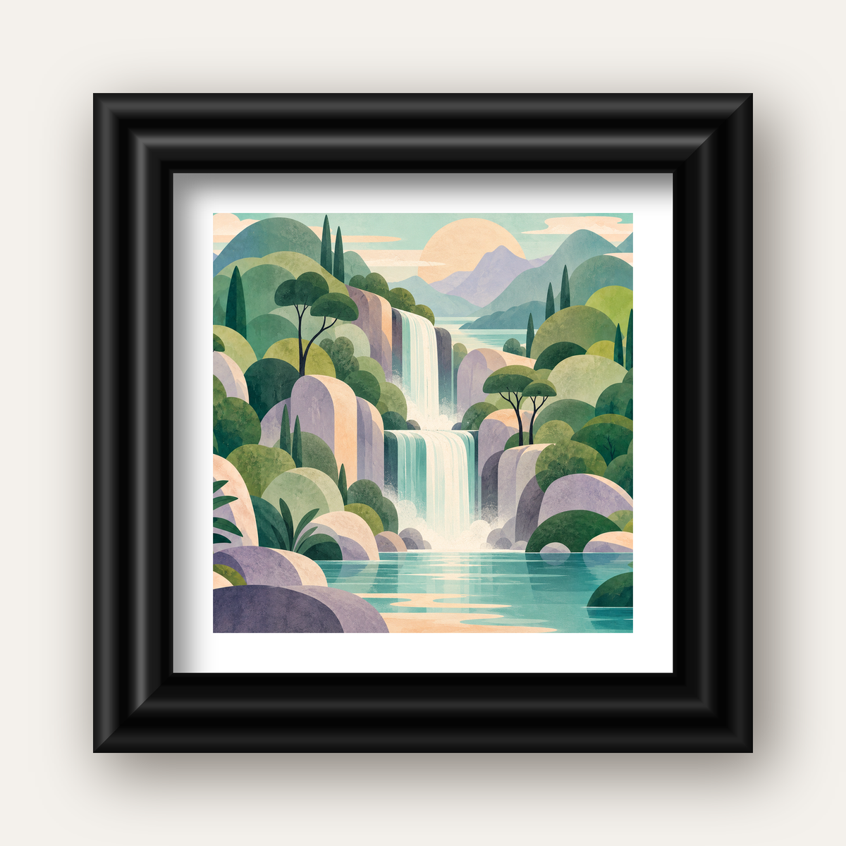 Soft Pastel Şelale — siyah galeri çerçeveli paspartulu