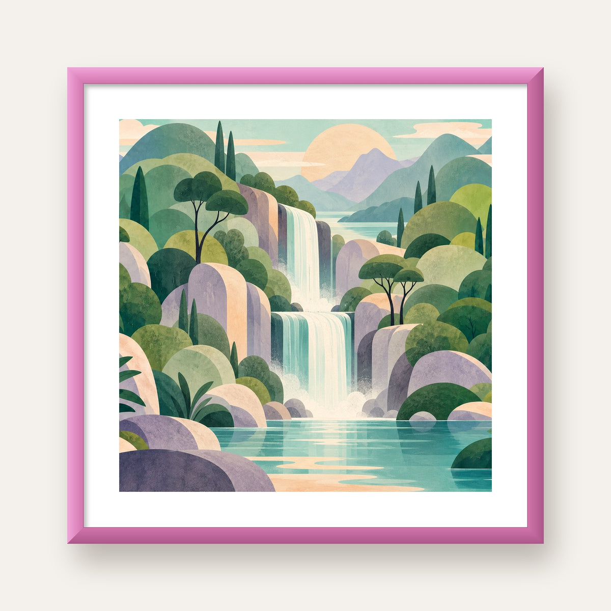 Soft Pastel Şelale — pembe çerçeveli paspartulu
