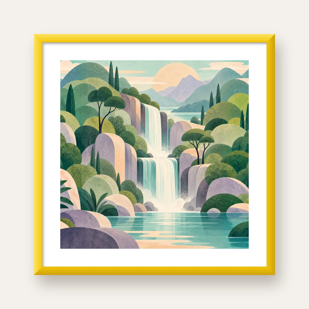 Soft Pastel Şelale — sarı çerçeveli paspartulu