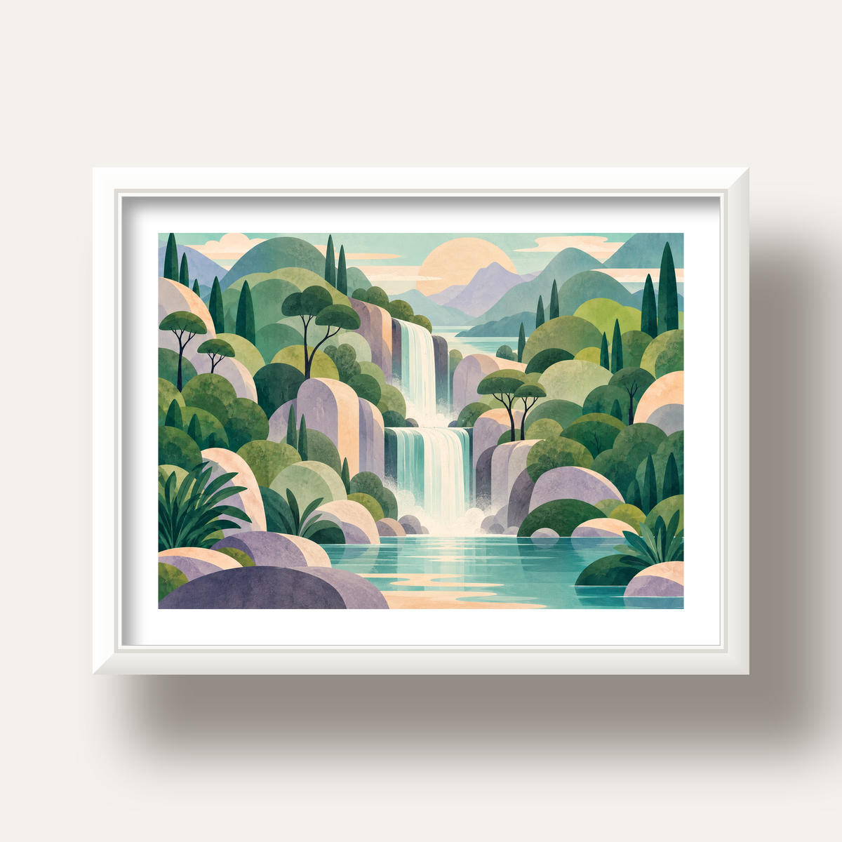 Soft Pastel Şelale — beyaz derin çerçeveli paspartulu