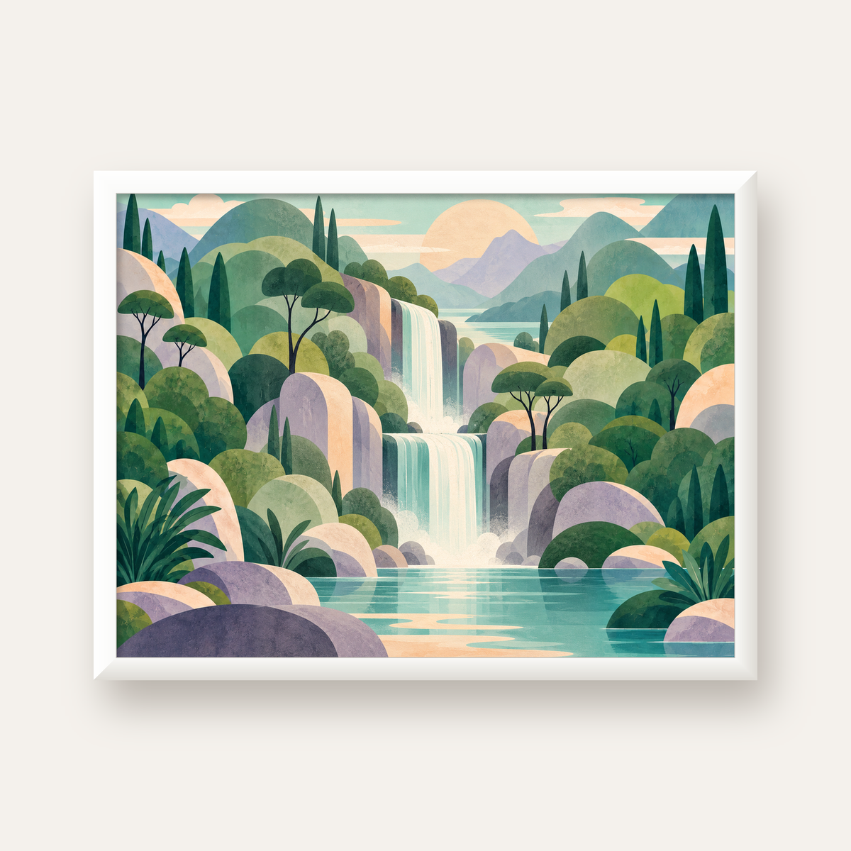 Soft Pastel Şelale — beyaz çerçeveli yatay poster