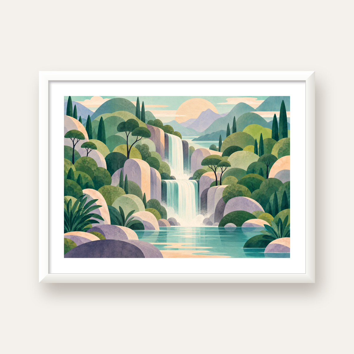 Soft Pastel Şelale — beyaz çerçeveli yatay poster