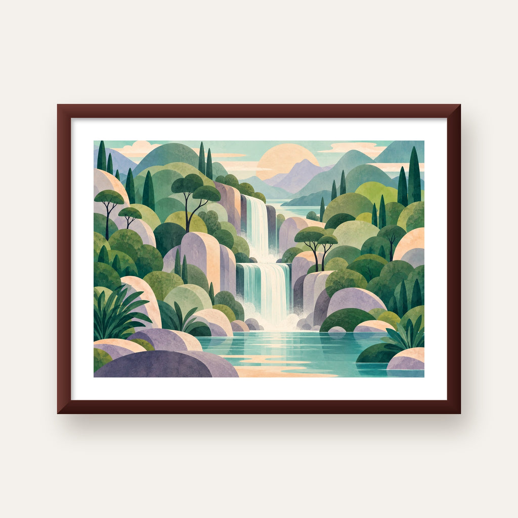 Soft Pastel Şelale — ceviz çerçeveli paspartulu