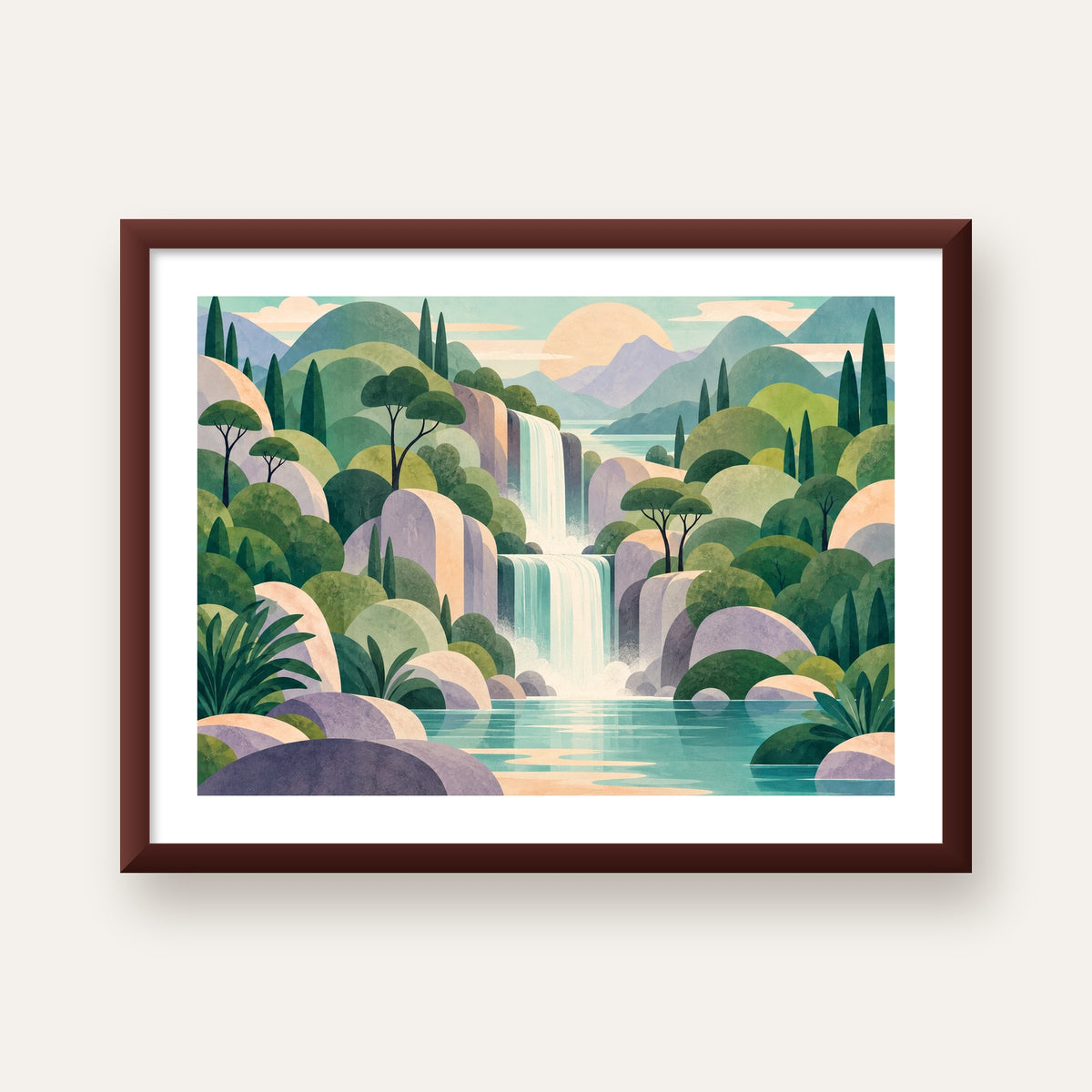 Soft Pastel Şelale — ceviz çerçeveli paspartulu
