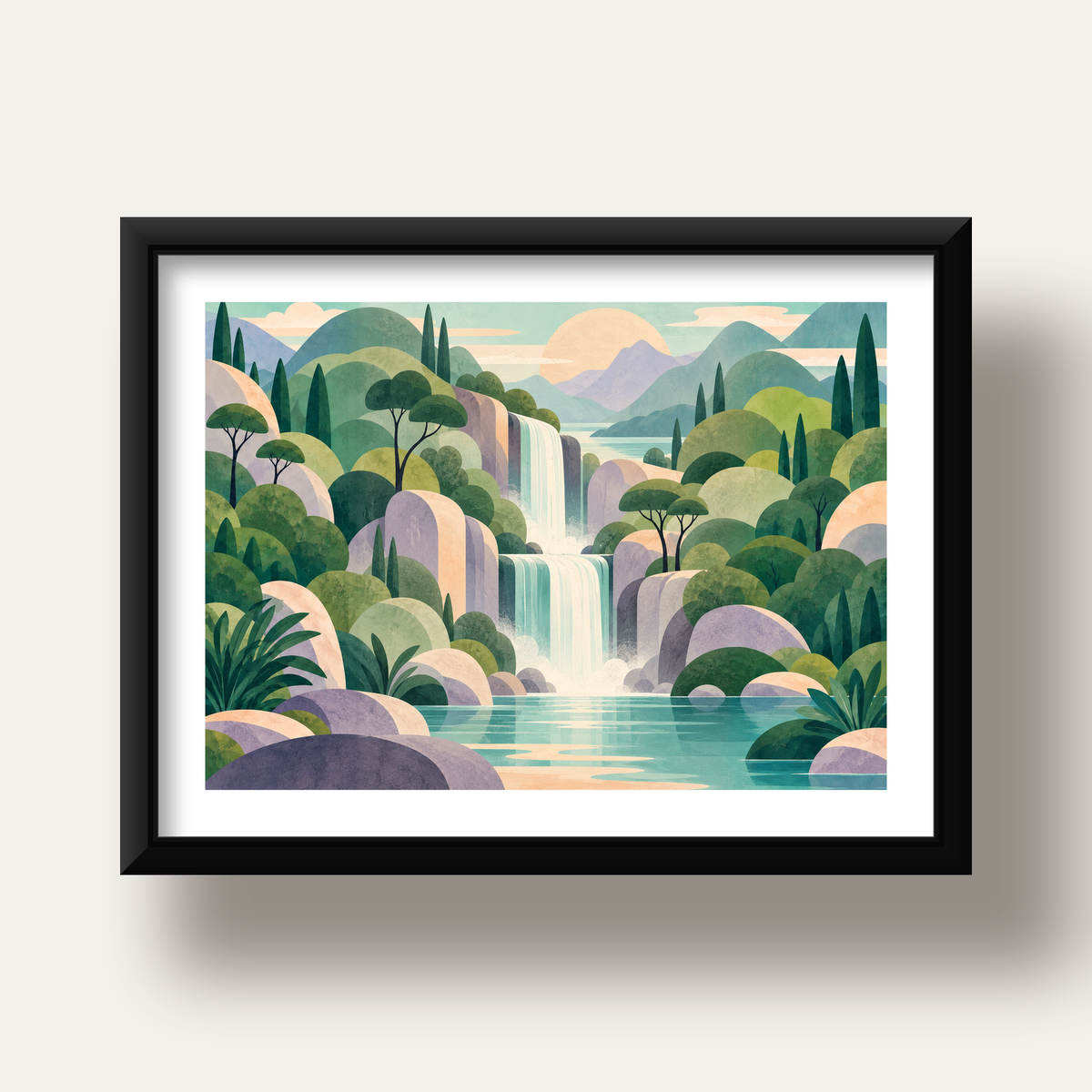Soft Pastel Şelale — siyah derin çerçeveli paspartulu