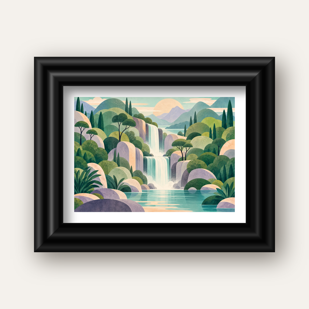 Soft Pastel Şelale — siyah galeri çerçeveli paspartulu