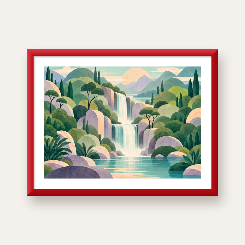 Soft Pastel Şelale — kırmızı çerçeveli paspartulu