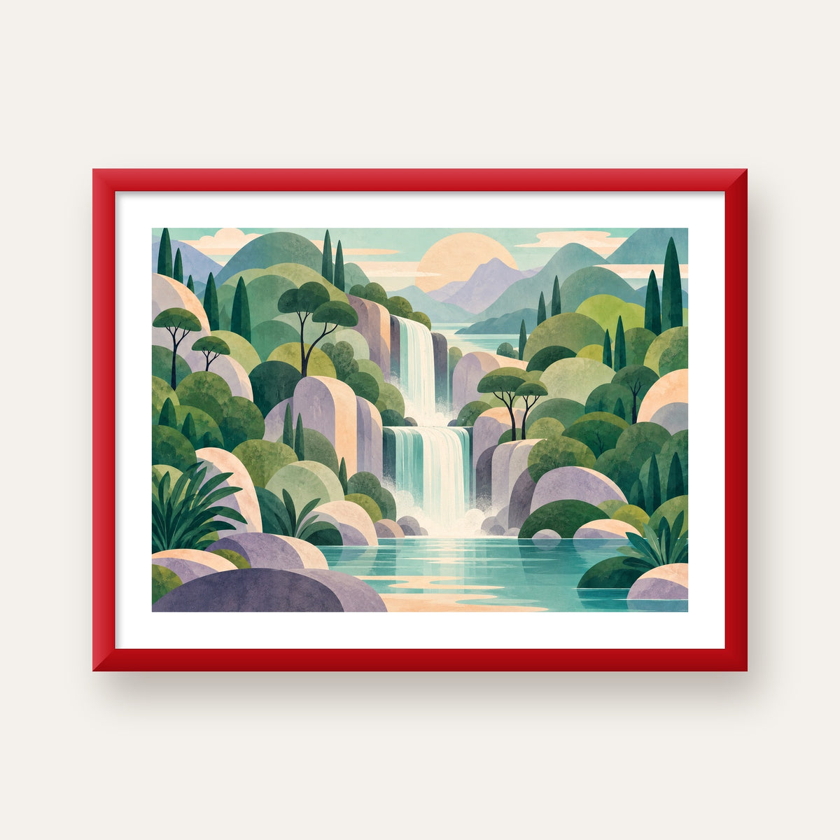 Soft Pastel Şelale — kırmızı çerçeveli paspartulu