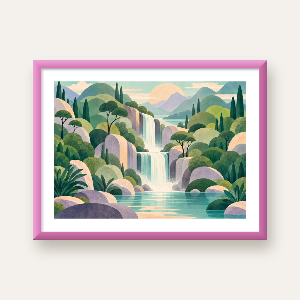 Soft Pastel Şelale — pembe çerçeveli paspartulu