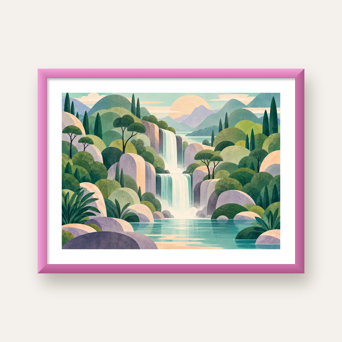 Soft Pastel Şelale — pembe çerçeveli paspartulu