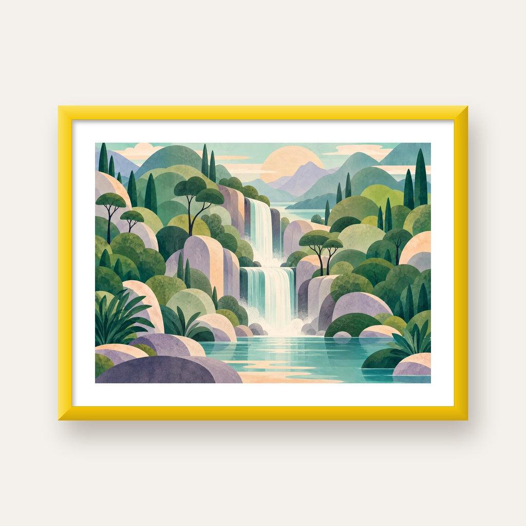 Soft Pastel Şelale — sarı çerçeveli paspartulu