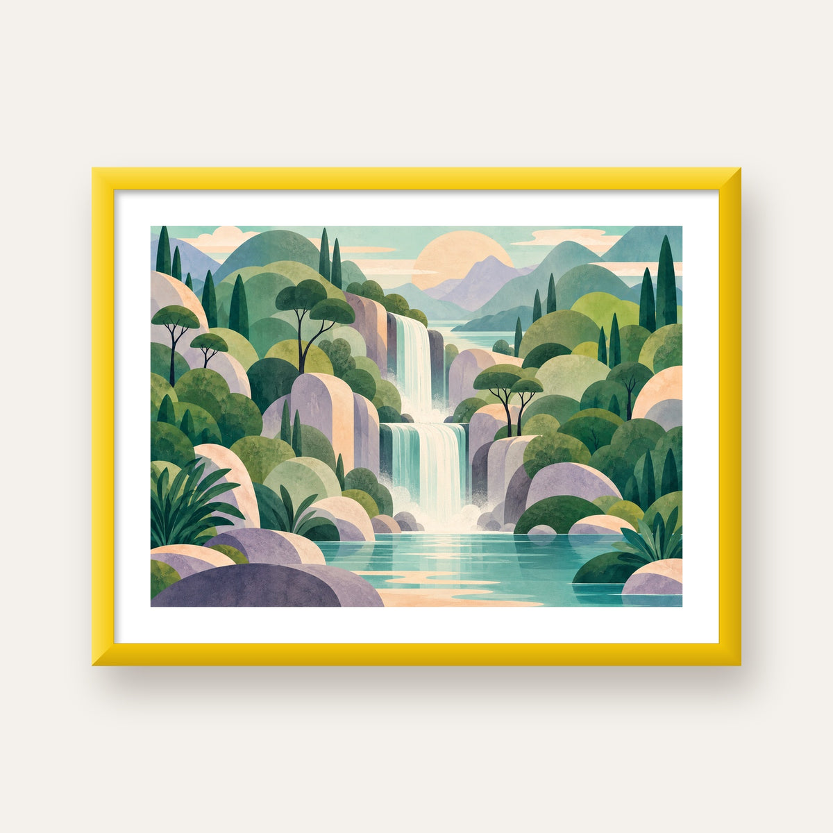 Soft Pastel Şelale — sarı çerçeveli paspartulu