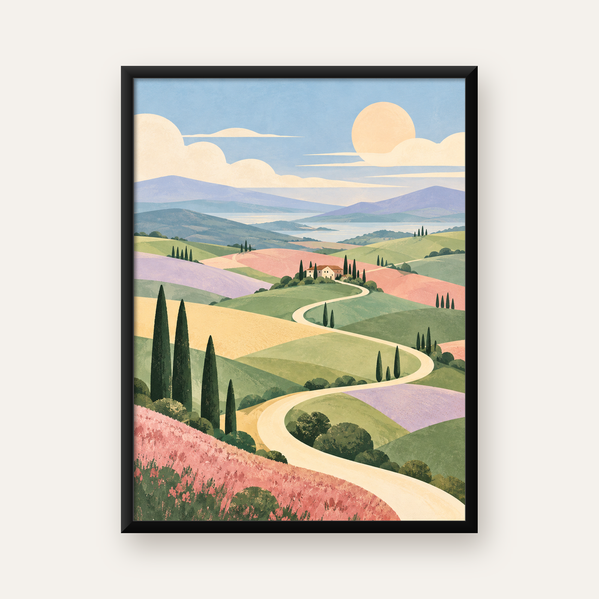Pastoral Kırsal Peyzaj ve Kıvrımlı Yol Dijital Poster — Dikey baskı, düz siyah çerçeveli duvar posteri