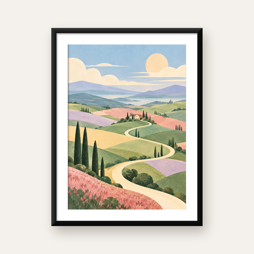 Pastoral Kırsal Peyzaj ve Kıvrımlı Yol Dijital Poster — Dikey baskı, beyaz kenar boşluklu