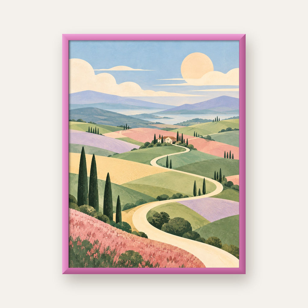 Soft Renkli Kır Manzarası — pembe çerçeveli