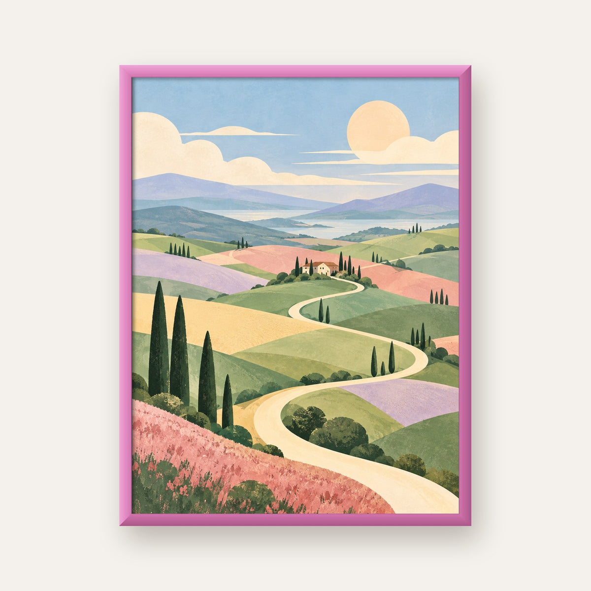 Soft Renkli Kır Manzarası — pembe çerçeveli