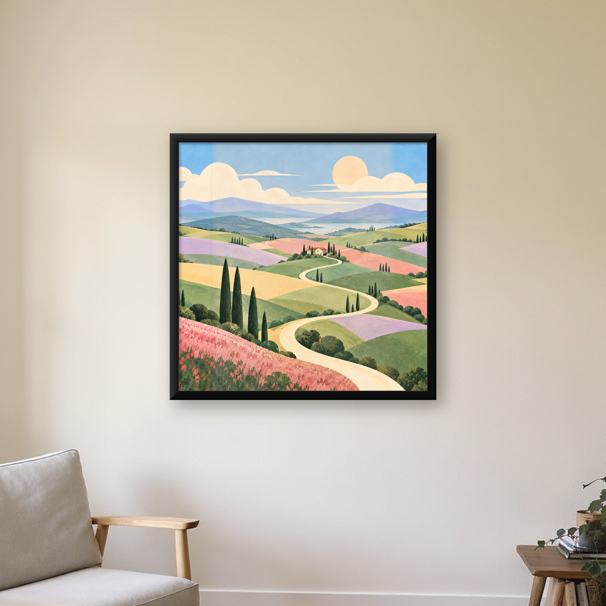 Pastoral Kırsal Peyzaj ve Kıvrımlı Yol Dijital Poster — Kare baskı, çerçeveli hâliyle bir ev duvarında