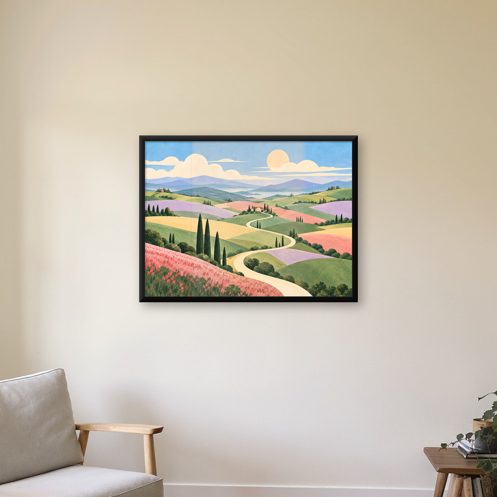 Pastoral Kırsal Peyzaj ve Kıvrımlı Yol Dijital Poster — Yatay baskı, çerçeveli hâliyle bir ev duvarında