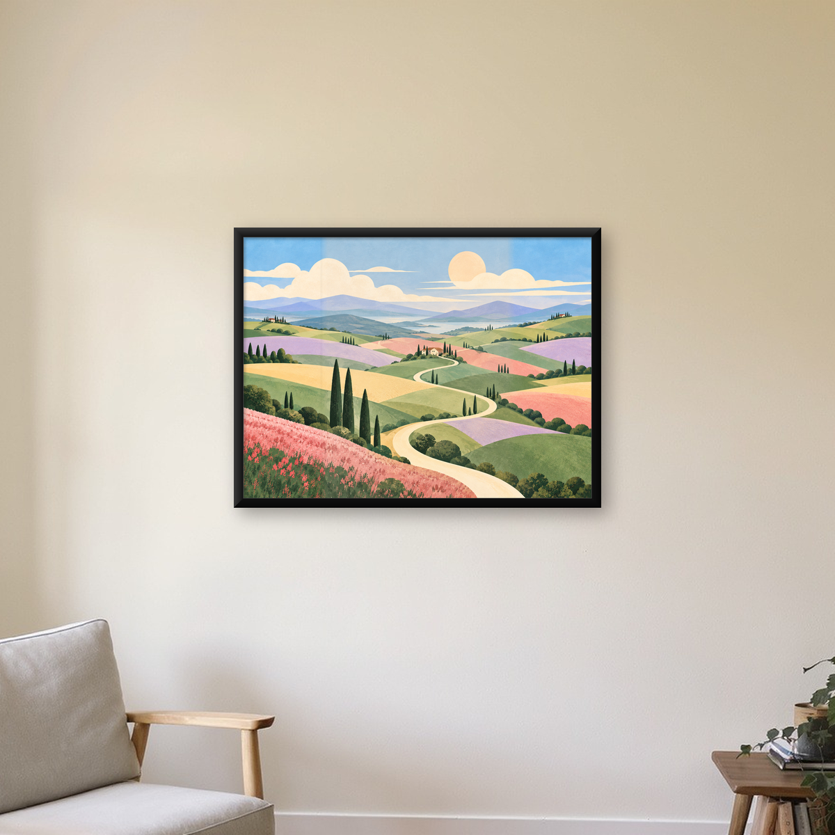 Pastoral Kırsal Peyzaj ve Kıvrımlı Yol Dijital Poster — Yatay baskı, çerçeveli hâliyle bir ev duvarında