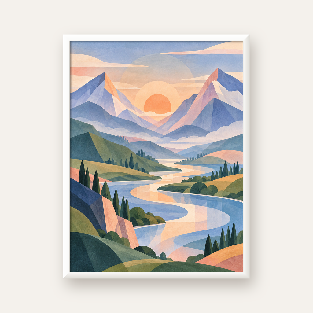 Soft Soyut Dağ Vadisi — beyaz çerçeveli dikey poster