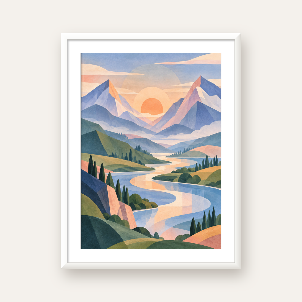 Soft Soyut Dağ Vadisi — beyaz çerçeveli dikey poster