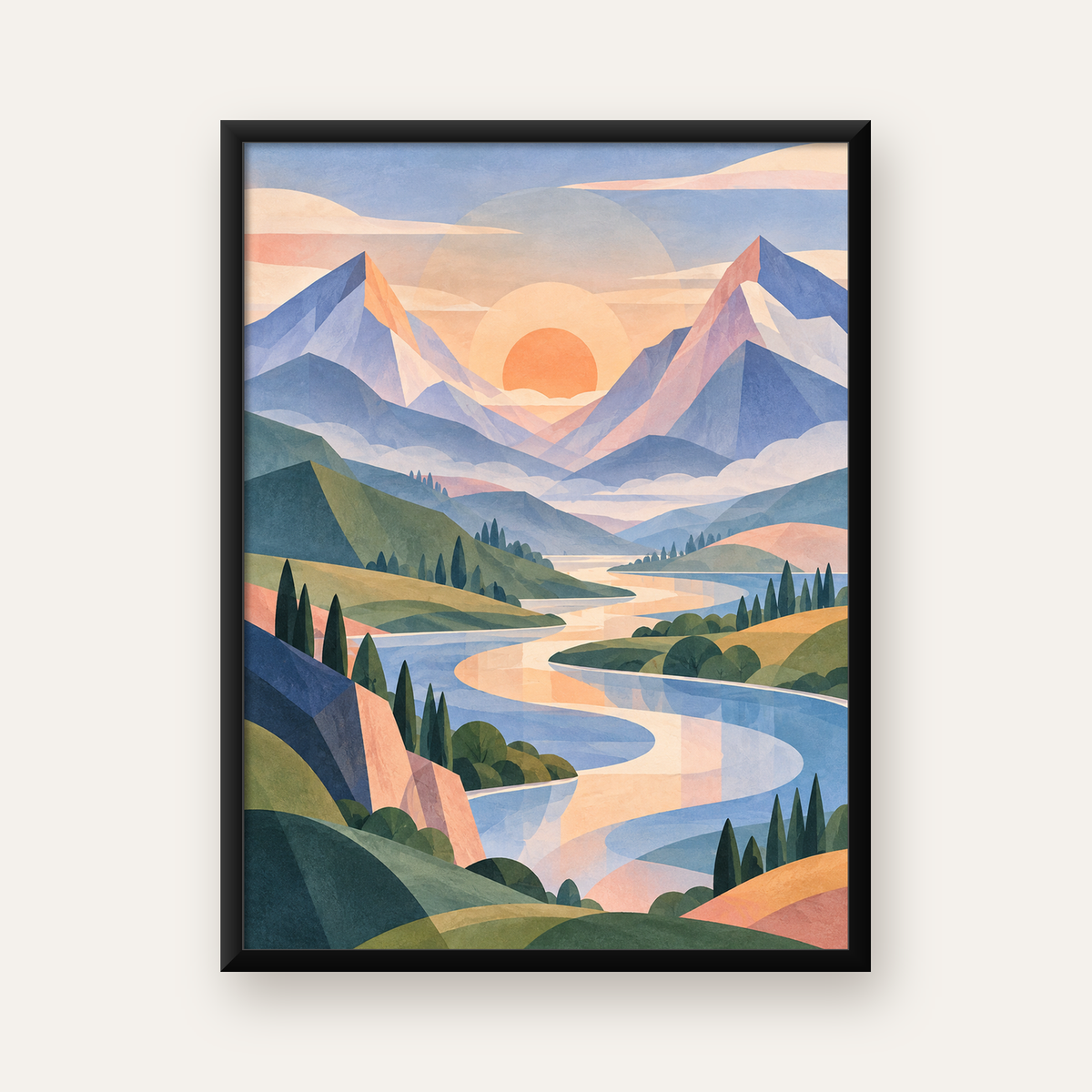 Soyut Dağ Manzarası Poster – Modern Geometrik Sanat — Dikey baskı, düz siyah çerçeveli duvar posteri