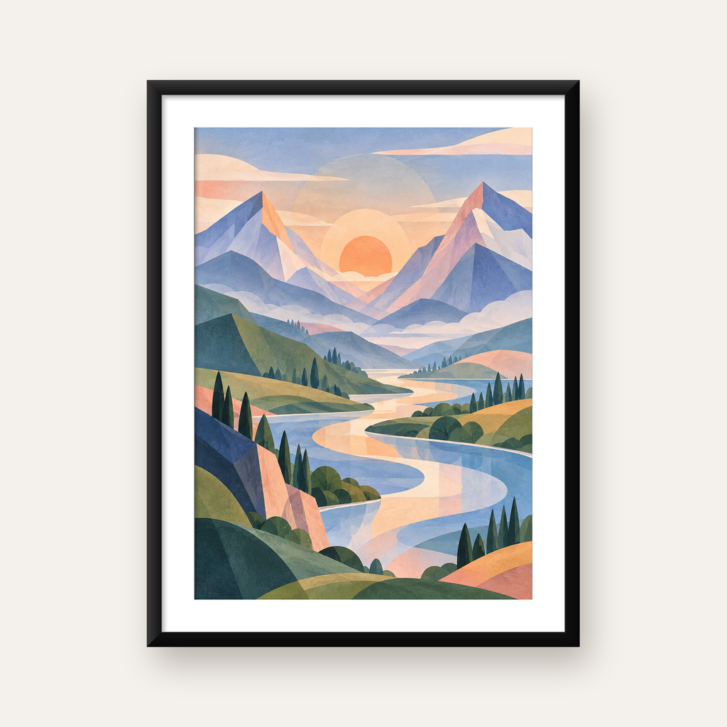 Soyut Dağ Manzarası Poster – Modern Geometrik Sanat — Dikey baskı, beyaz kenar boşluklu
