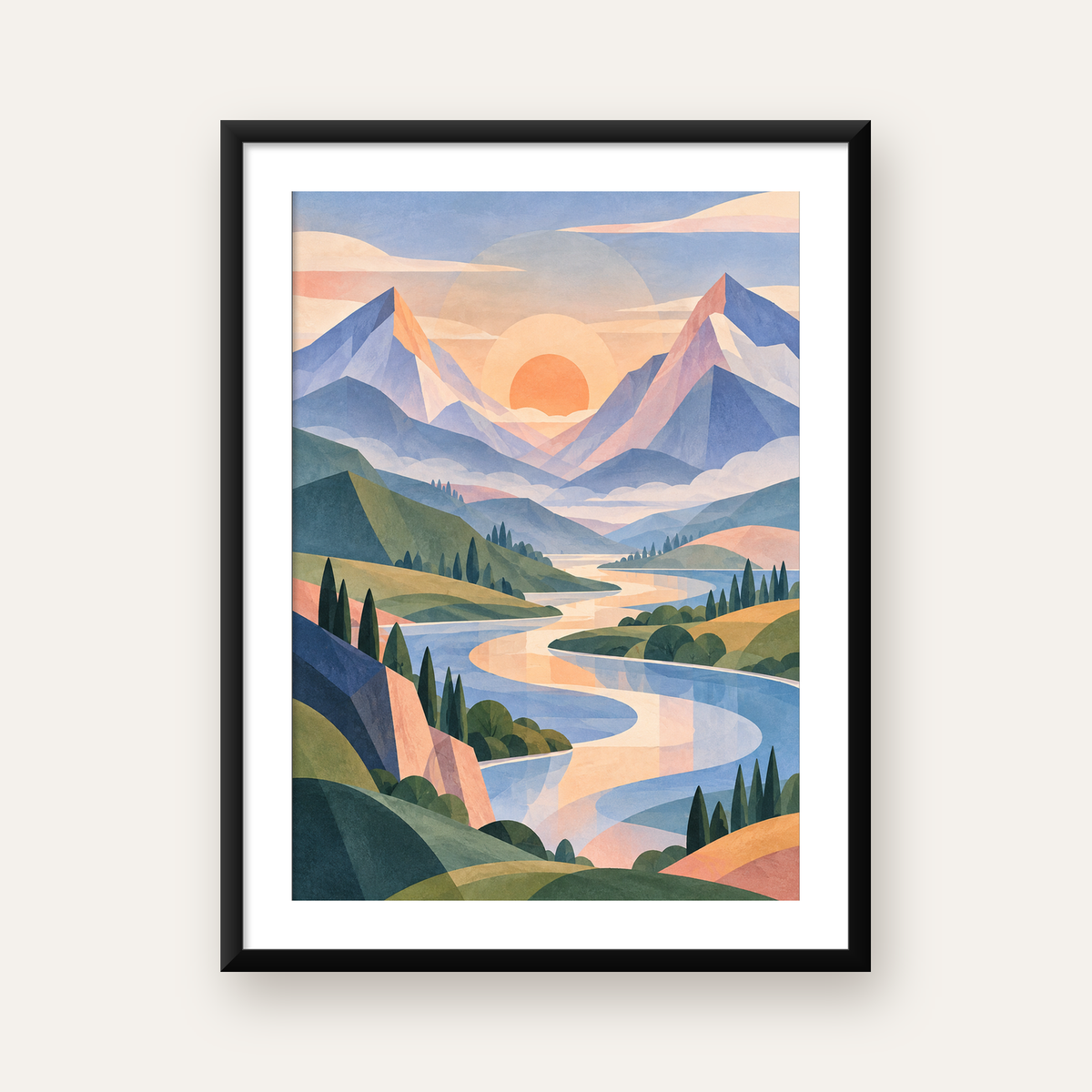Soyut Dağ Manzarası Poster – Modern Geometrik Sanat — Dikey baskı, beyaz kenar boşluklu