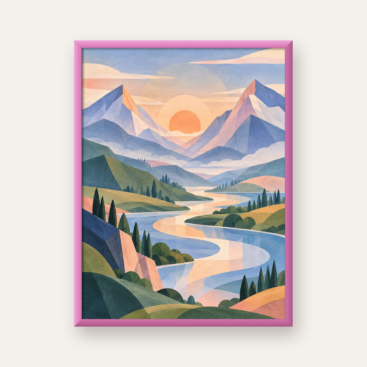 Soft Soyut Dağ Vadisi — pembe çerçeveli