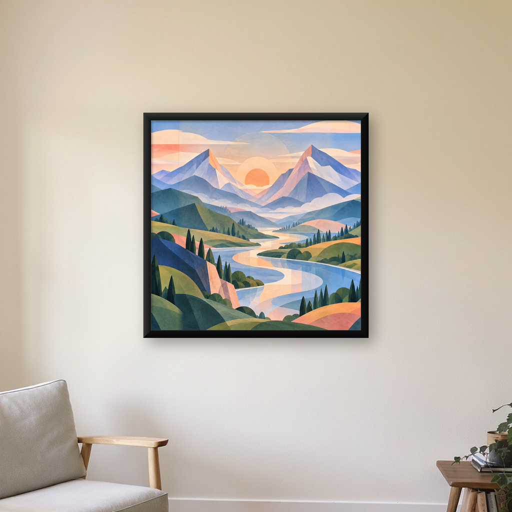 Soyut Dağ Manzarası Poster – Modern Geometrik Sanat — Kare baskı, çerçeveli hâliyle bir ev duvarında