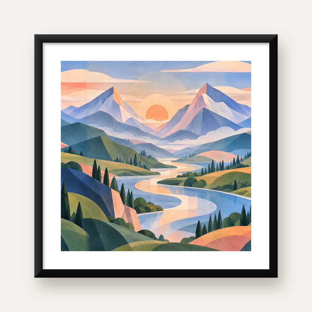 Soyut Dağ Manzarası Poster – Modern Geometrik Sanat — Kare baskı, beyaz kenar boşluklu