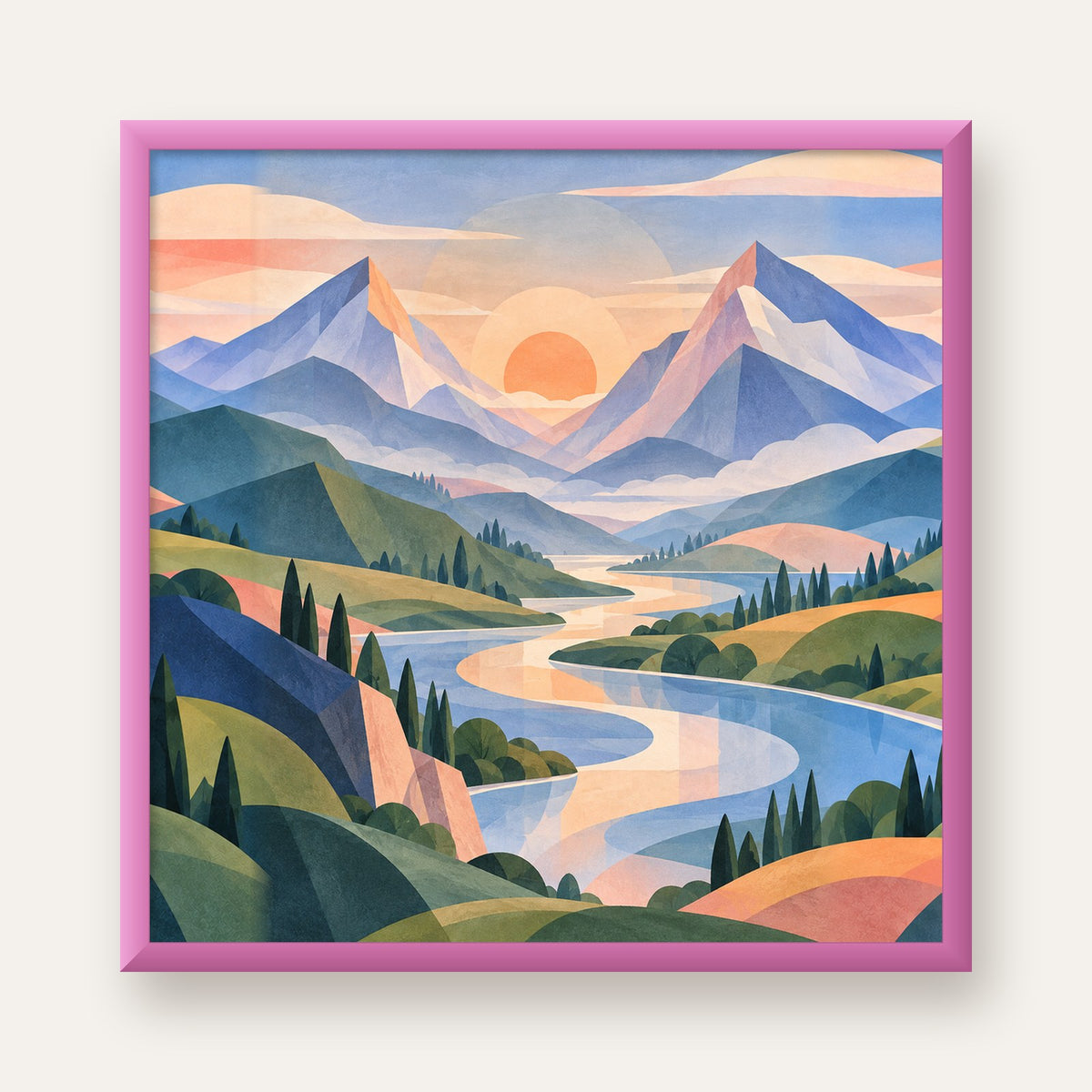 Soft Soyut Dağ Vadisi — pembe çerçeveli