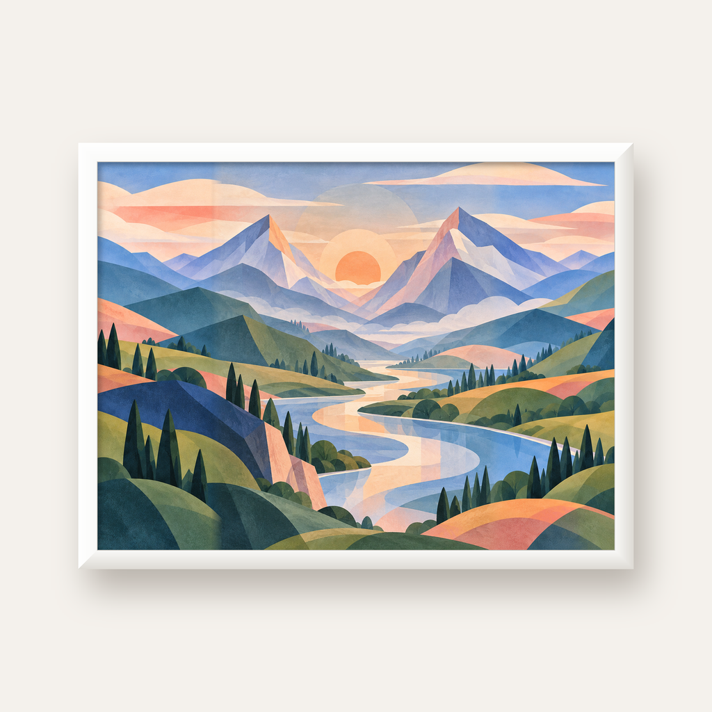 Soft Soyut Dağ Vadisi — beyaz çerçeveli yatay poster