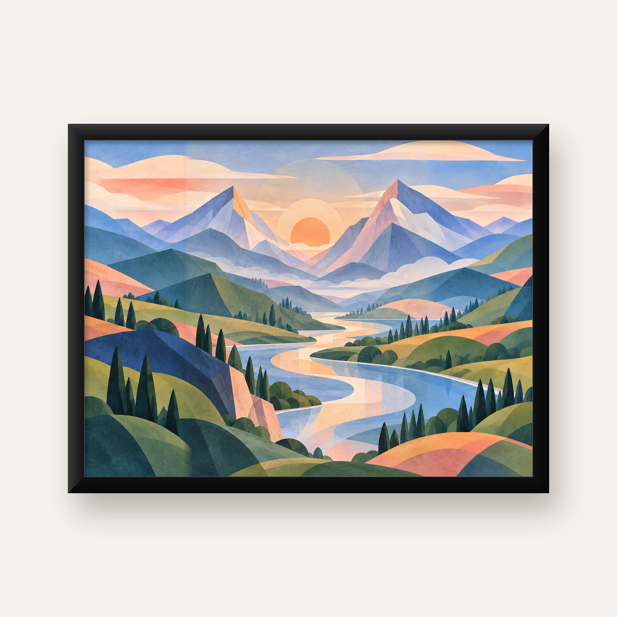 Soyut Dağ Manzarası Poster – Modern Geometrik Sanat — Yatay baskı, düz siyah çerçeveli duvar posteri