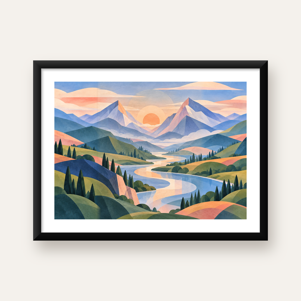 Soyut Dağ Manzarası Poster – Modern Geometrik Sanat — Yatay baskı, beyaz kenar boşluklu