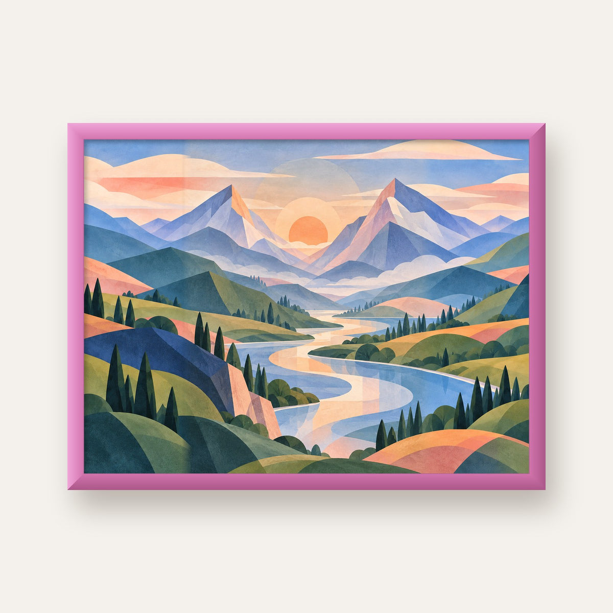 Soft Soyut Dağ Vadisi — pembe çerçeveli