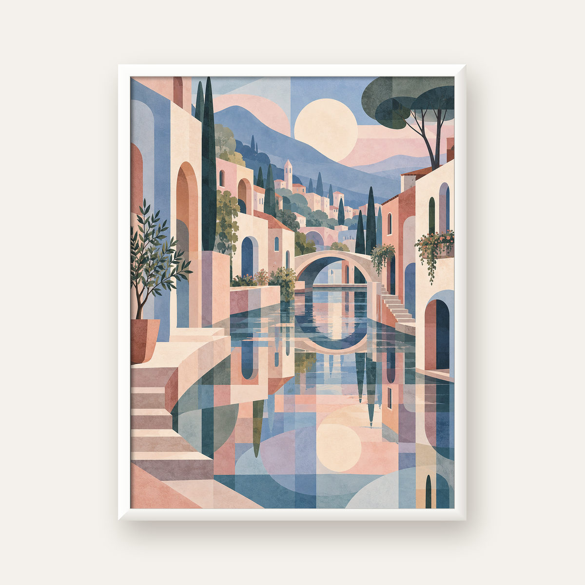 Soft Soyut Kanal Kasabası — beyaz çerçeveli dikey poster
