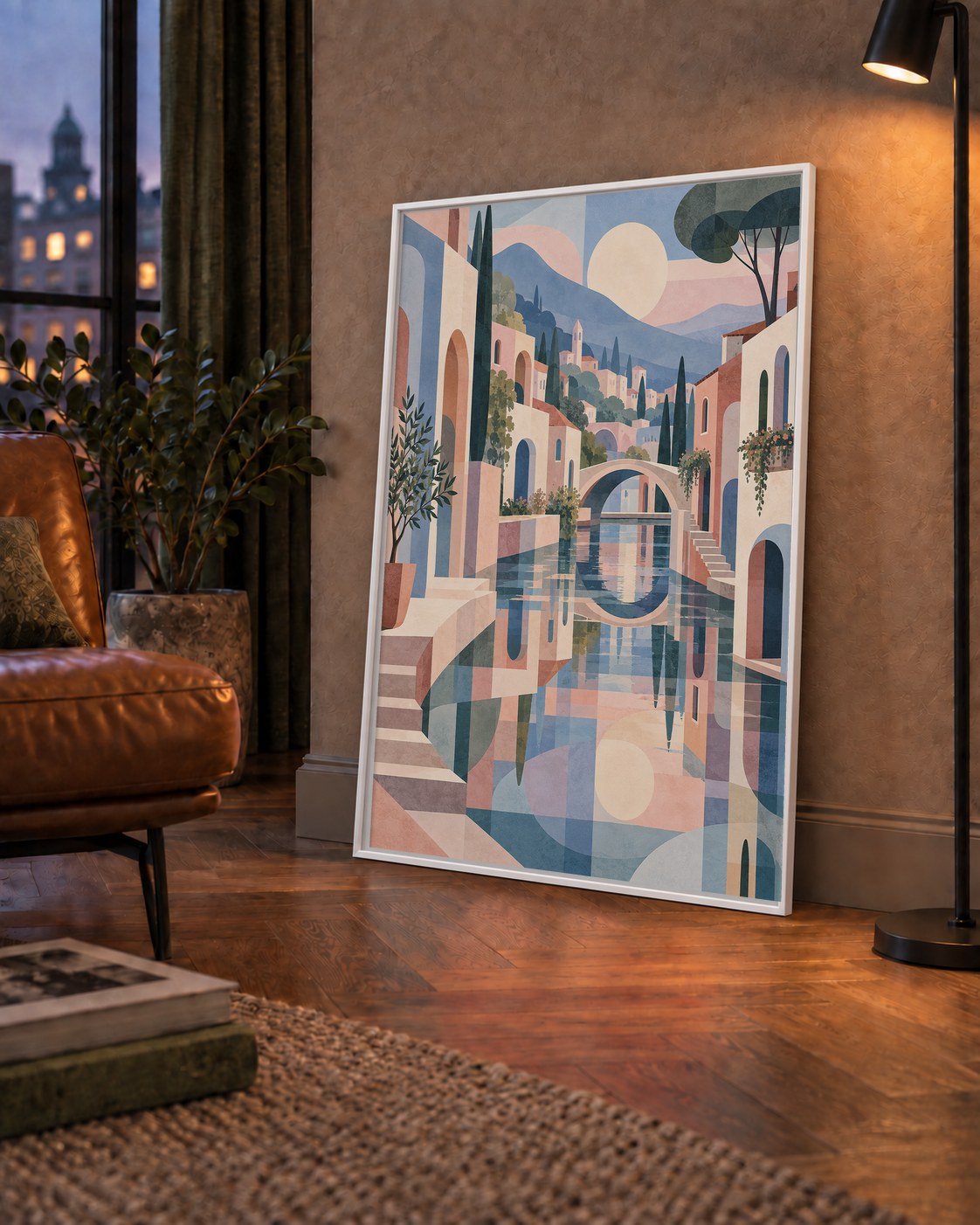 Soft Soyut Kanal Kasabası — çerçeveli hâliyle bir ev duvarında
