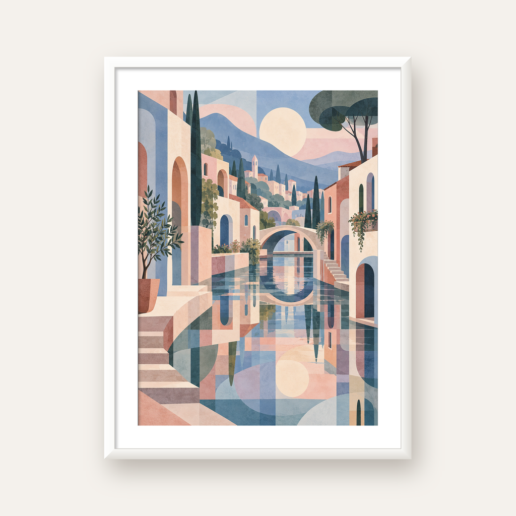Soft Soyut Kanal Kasabası — beyaz çerçeveli dikey poster